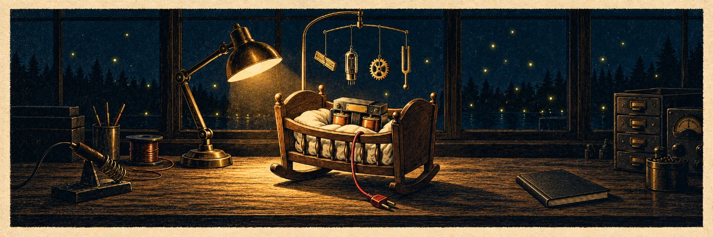 Under a brass lamp in a night workshop, a small electrical transformer sleeps in a wooden cradle, its red power cord unplugged.